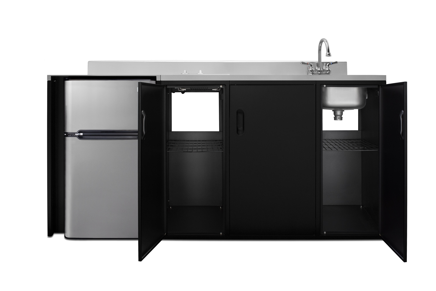72 inch wide, ADA counter height all-in-one kitchenette in black with a 2-burner 115V smooth top cooktop, 2-door refrigerator-freezer, sink, and three storage cabinets